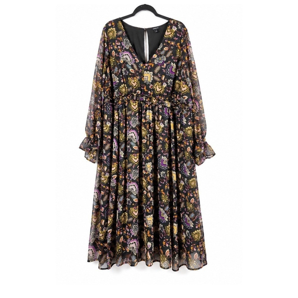 Torrid Floral Chiffon Midi Dress Size 4 Black Whimsigoth Boho Ruffle Sleeve